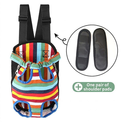 Colorful striped front chest pet backpack with black adjustable shoulder straps and pads