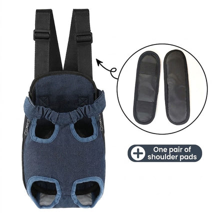 Navy front chest pet backpack with two shoulder pads detail and adjustable straps