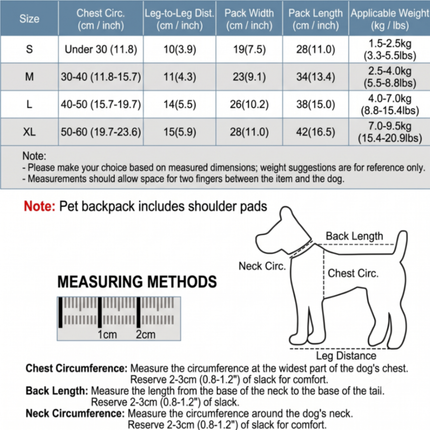 Pet backpack size measuring chart with chest and leg distance diagram and ruler