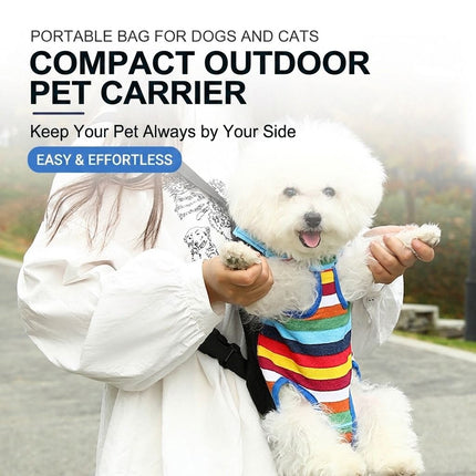 Rainbow striped front chest pet carrier worn by a small white dog