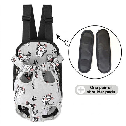 White pet front chest backpack with cat print, black straps, and padded shoulder pads.