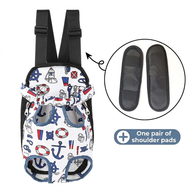 Pet chest backpack carrier with nautical print, padded shoulder pads and adjustable straps
