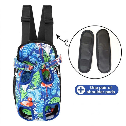 Pet front chest backpack with tropical print fabric and black padded shoulder pads