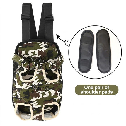 Pet front chest backpack with camouflage print fabric and black padded shoulder pads