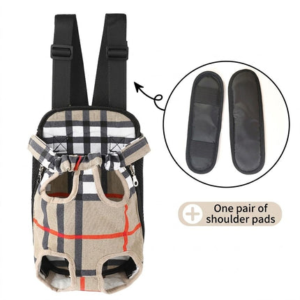 Pet front chest backpack with beige and black plaid fabric, shown with padded shoulder pads