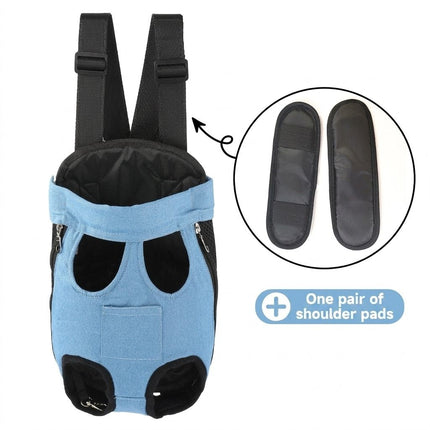 Pet chest backpack carrier, light blue with black trim and padded shoulder straps