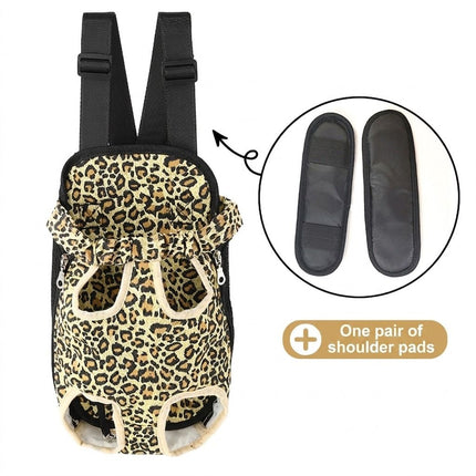 Pet chest backpack carrier with leopard-print fabric, padded shoulder pads and adjustable straps