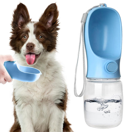 Blue portable pet water bottle with drinking bowl and clear 350ml reservoir