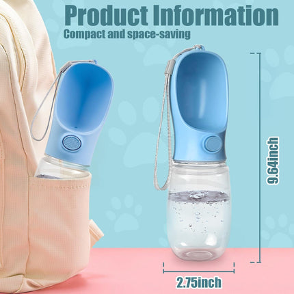 Blue pet water dispenser bottle with bowl, hanging cord, and compact travel size