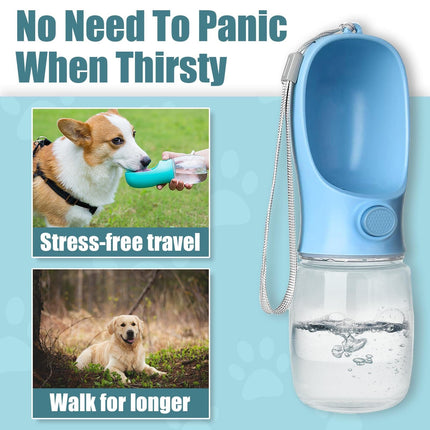 Blue pet water dispenser with pull-cord and integrated drinking bowl