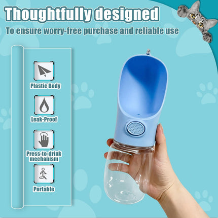 Blue pet water bottle in hand with press button and integrated drinking bowl