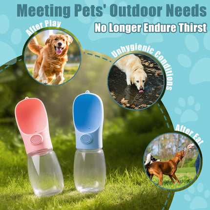 Blue pet water bottle with clear reservoir and built-in drinking bowl