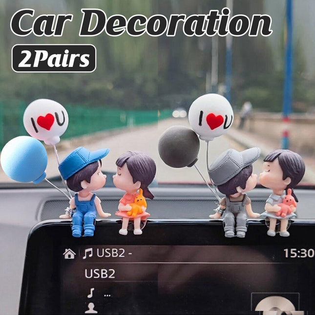Couple car dashboard ornaments: two figurines with heart balloons and blue/black bases