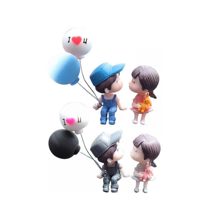 Couple car ornaments set: four mini figurines holding heart balloons with blue and black bases
