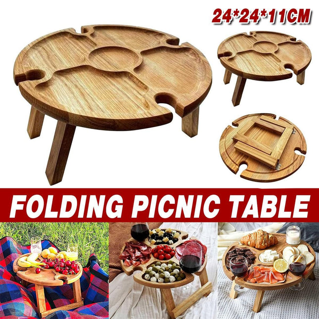 Wooden folding picnic serving table with round divided tray and three legs