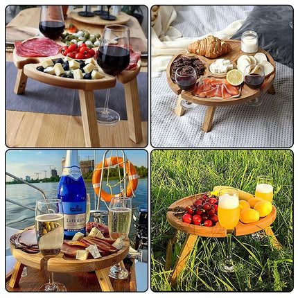 Wooden folding picnic serving table with round tray, used for snacks and drinks