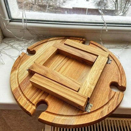 Round foldable wooden picnic table tray with built-in cutout handles and hinge supports