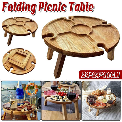 Foldable round wooden picnic table with short legs and recessed serving tray surface