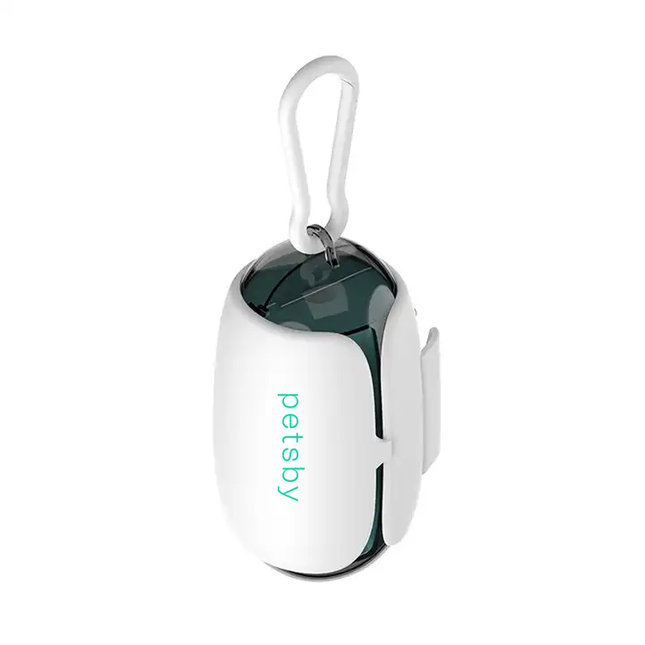 White poop bag dispenser capsule with metal carabiner loop