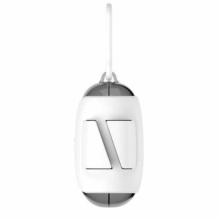 White poop bag dispenser capsule with top handle loop and front icon