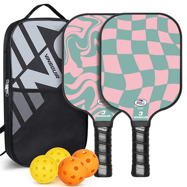 Pickleball paddle set with pink patterned paddles, black grips, and 3 colored balls