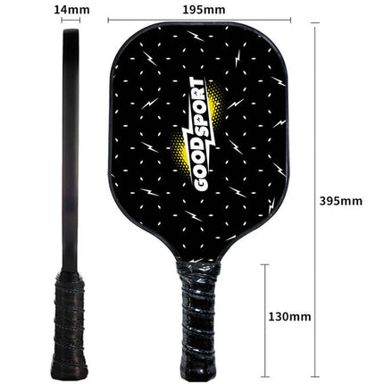 Black fiberglass pickleball paddle with dotted face and CoolSport graphic