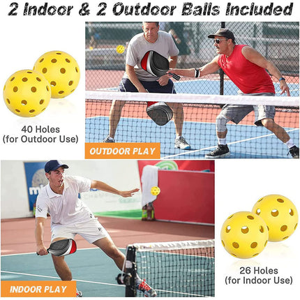Pickleball paddle with two perforated yellow balls included