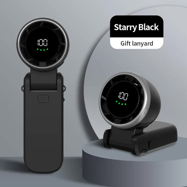 Black handheld rechargeable fan with circular grille and glowing digital display