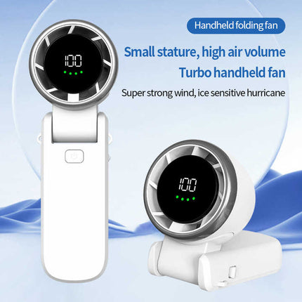White handheld folding fan with circular grille, stand base, and digital display