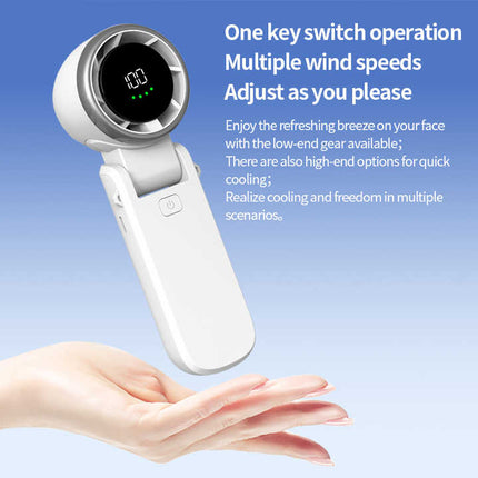 White handheld fan with circular grille and digital display, one-button control