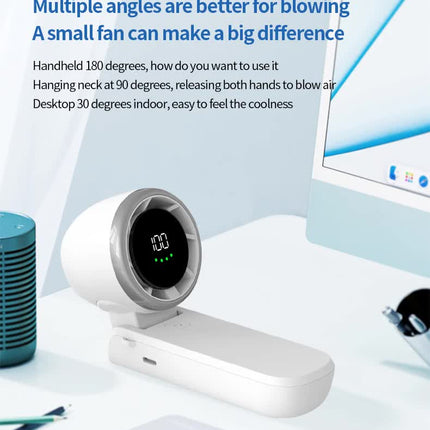 White handheld fan with adjustable head angles and circular grille with digital display