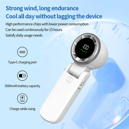 White handheld fan with Type-C charging port and circular grille digital display