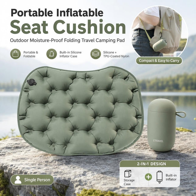 Olive green inflatable seat cushion pad with tufted quilting and carry valve
