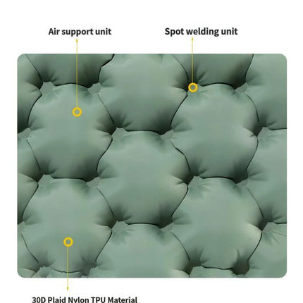 Olive green inflatable seat cushion with multi-point welded air support pattern