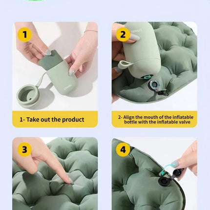 Olive green inflatable seat cushion with inflation valve and air filling point