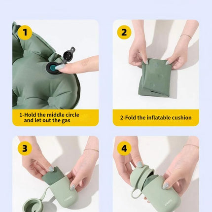 Olive green inflatable seat cushion folded into an integrated storage box