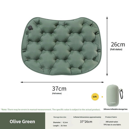 Olive green inflatable seat cushion sized about 37cm x 26cm when fully inflated