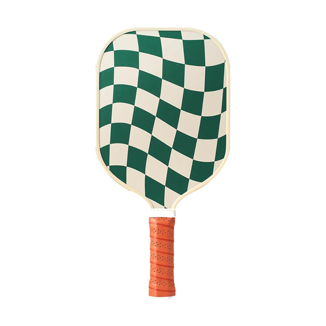 White and green checkered pickleball paddle with orange textured grip.