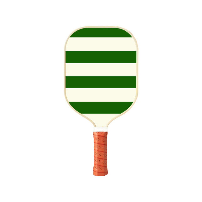 White and green pickleball paddle with orange anti-slip grip, striped face.