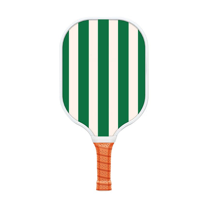 Green and white striped pickleball paddle with orange textured TPU grip
