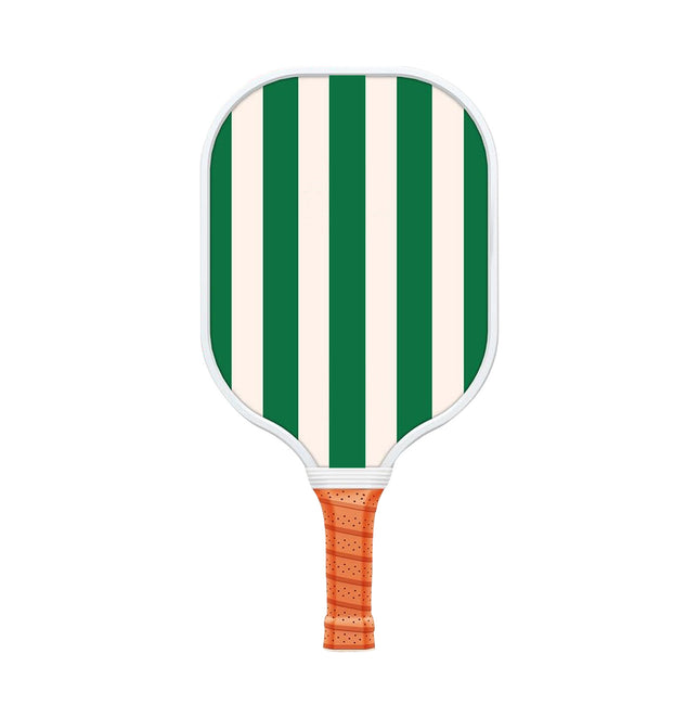 Green and white striped pickleball paddle with orange textured TPU grip
