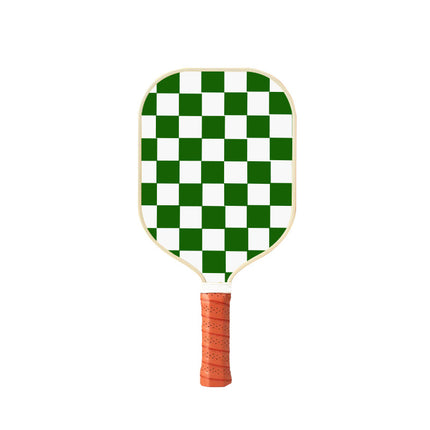 Pickleball paddle with green-and-white checkered face and textured orange grip