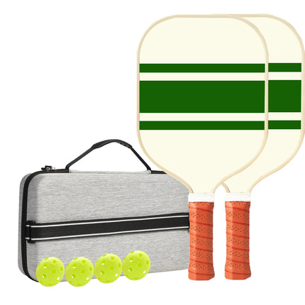 Pickleball paddle set: two green/white striped paddles, orange grips, four green balls, carry bag