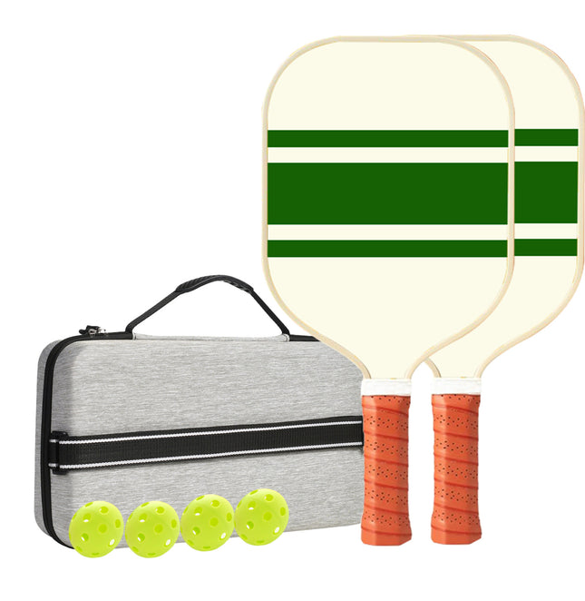 Pickleball paddle set: two green/white striped paddles, orange grips, four green balls, carry bag