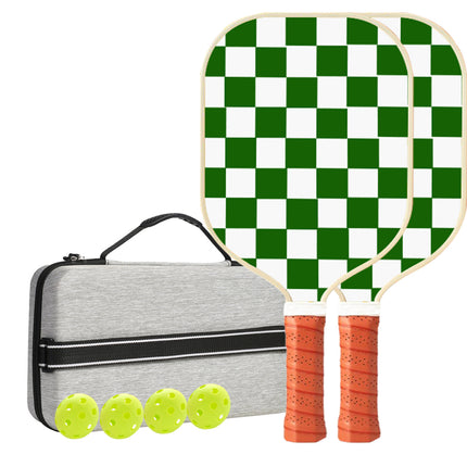 Pickleball paddle set with two checkered paddles, four green balls, and gray carry bag