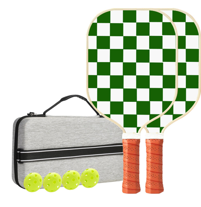 Pickleball paddle set with two checkered paddles, four green balls, and gray carry bag