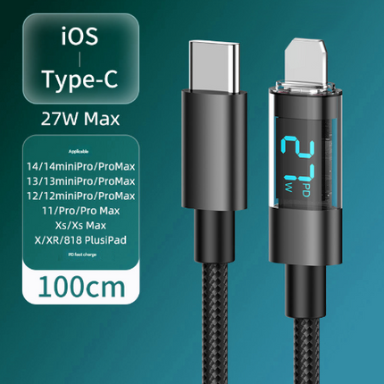 Black braided iOS to Type-C fast charge cable with metal connector and 100W digital display