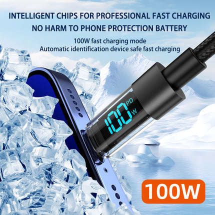 Black braided Type-C charging cable with transparent metal shell and 100W digital display