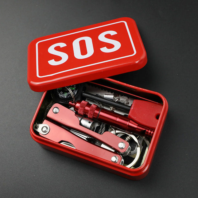 Red SOS emergency multi-tool kit case open, showing metal tools inside