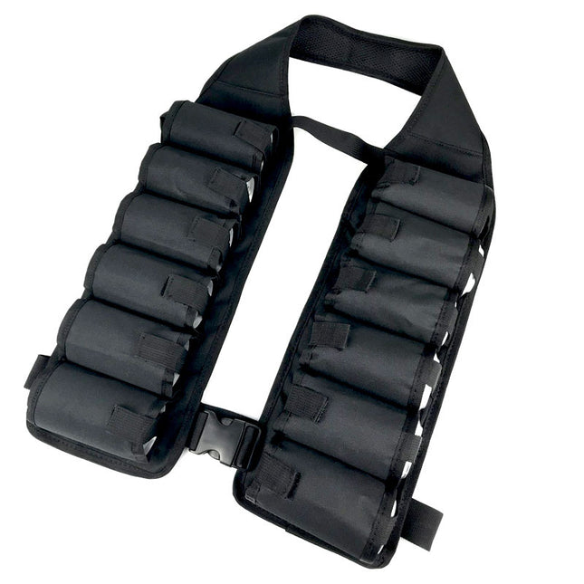 Black hands-free beverage carrier vest with padded can compartments and front buckle strap